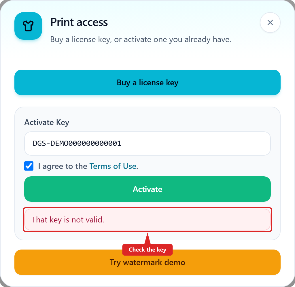 DTF Gang Sheet Activate Key error when Terms is unticked or the key is invalid.