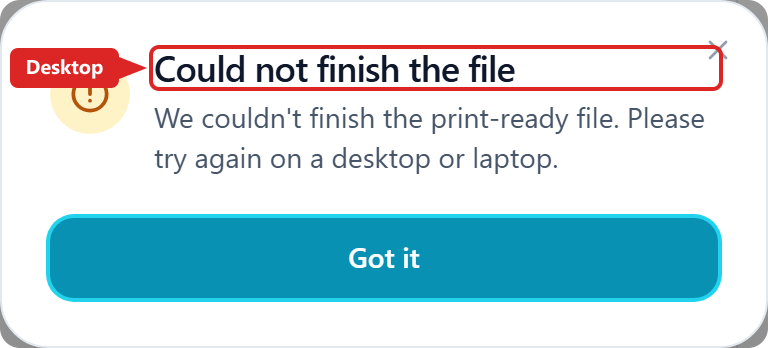 DTF Gang Sheet export-notice dialog asking to finish on a desktop. Artwork stays on this device.