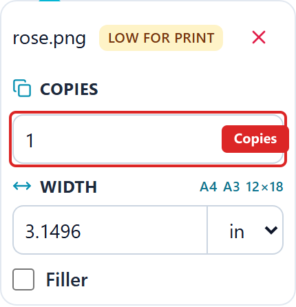 DTF Gang Sheet Copies field highlighted on the selected tile. Artwork stays on this device.