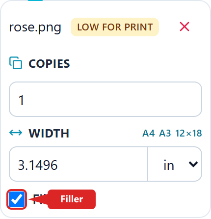 DTF Gang Sheet Filler toggle with Off, To length, and Pockets. Artwork stays on this device.