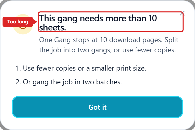 DTF Gang Sheet length limit dialog. Artwork stays on this device.