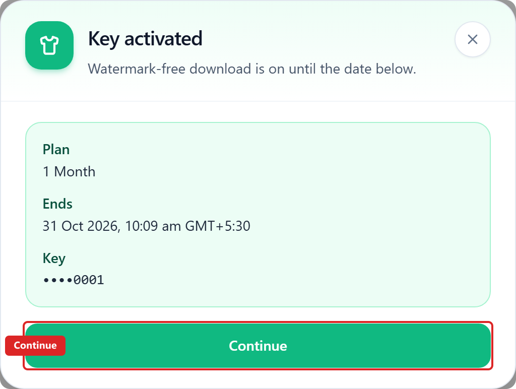 DTF Gang Sheet Key activated dialog with Continue highlighted.