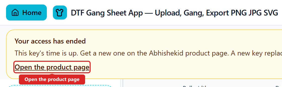 DTF Gang Sheet repurchase banner with Open the product page highlighted.