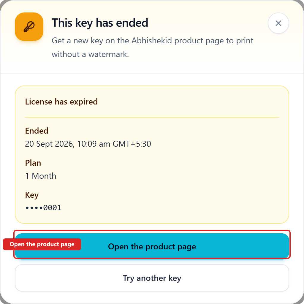 DTF Gang Sheet This key has ended dialog with Open the product page highlighted.