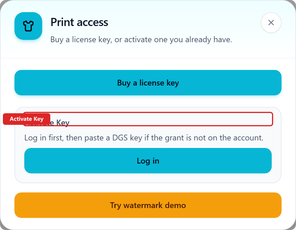 DTF Gang Sheet Print access dialog with Activate Key highlighted.
