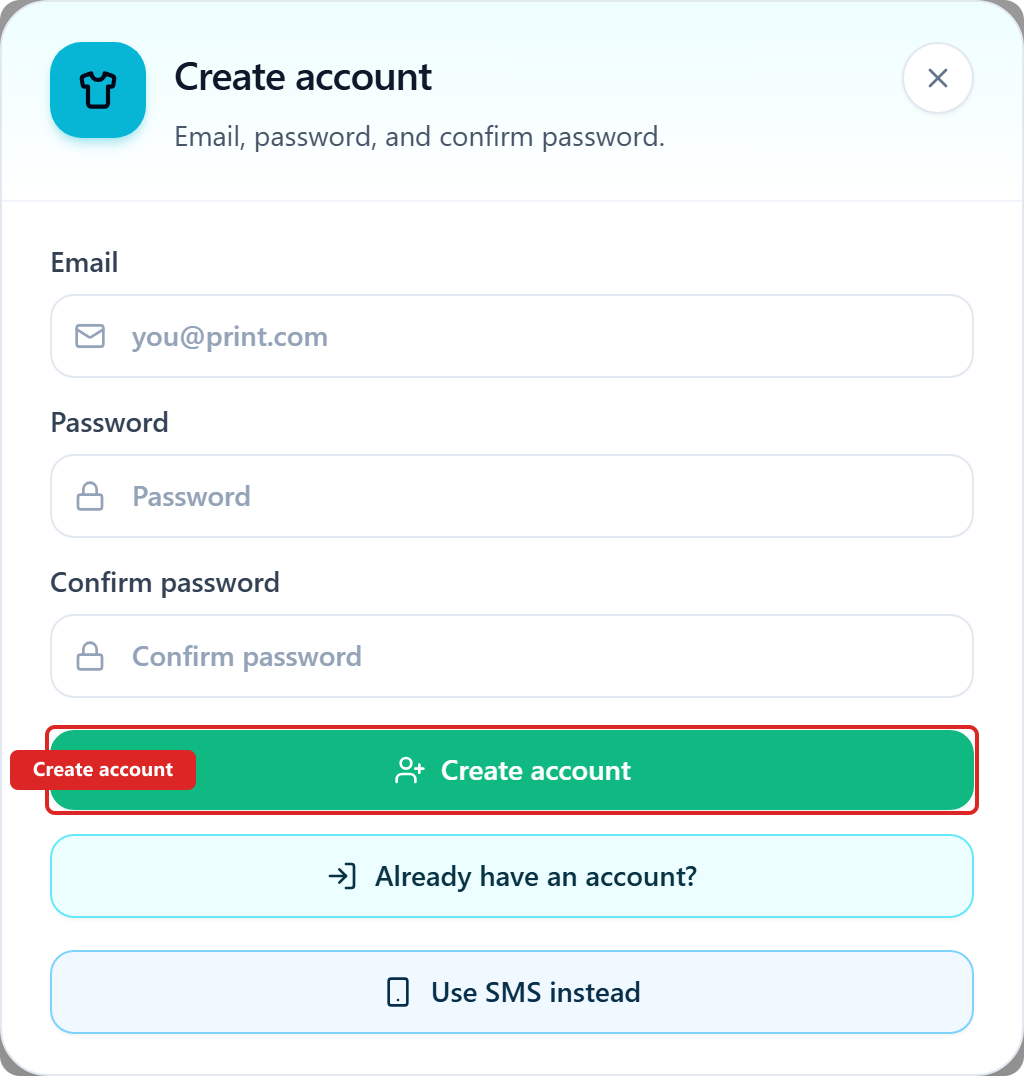 DTF Gang Sheet Create account dialog with Create account highlighted.