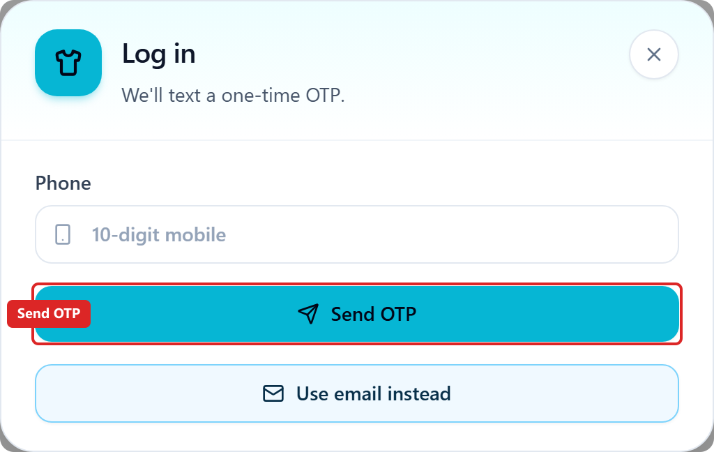 DTF Gang Sheet Log in dialog with 10-digit mobile and Send OTP highlighted.