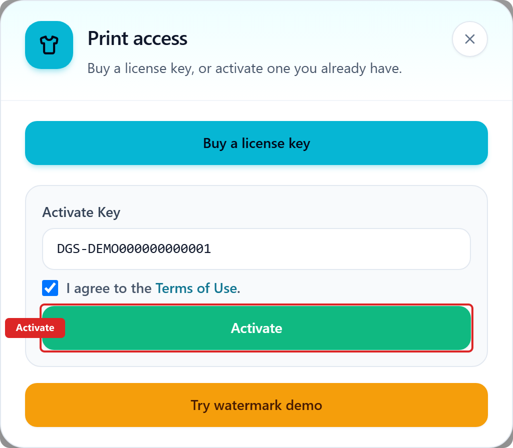 DTF Gang Sheet Activate Key field with Terms of Use ticked and Activate highlighted.