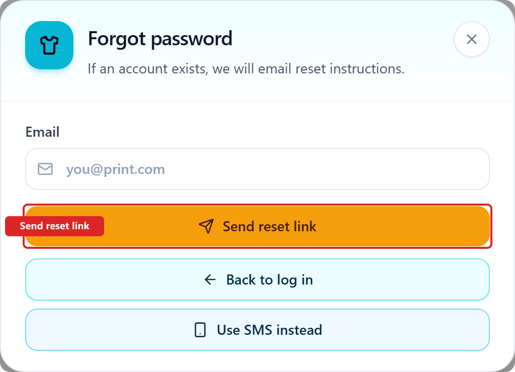DTF Gang Sheet Forgot password form with Send reset link highlighted.