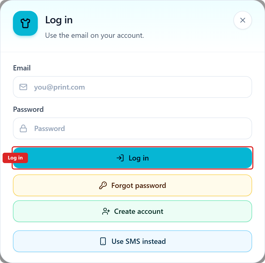 DTF Gang Sheet email Log in dialog with Log in highlighted.