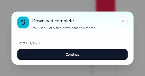 Download complete — You used 2 of 5 free downloads this month (quota dialog after export).